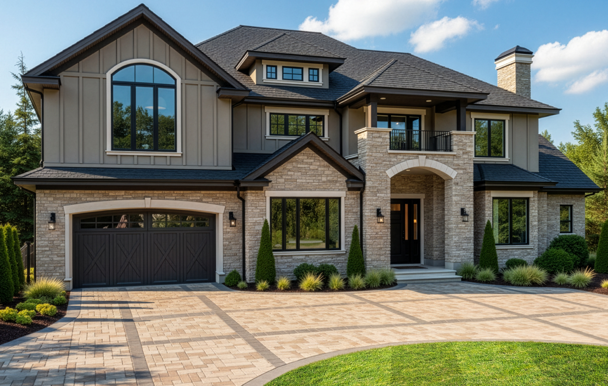 A large house with a new tan-colored brick paver driveway with decorative stripes running in a criss-cross pattern. There is a freshly mowed lawn. 